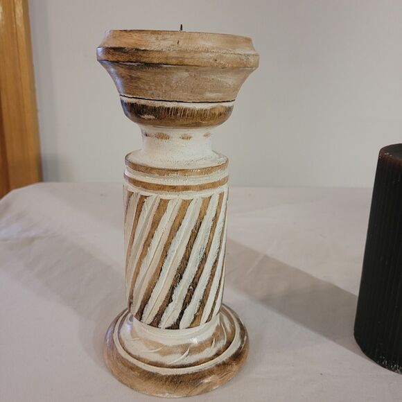 Mango Wood 9.5" Candle Holder With 6" Pillar Ribbed Candle - Picture 2 of 7